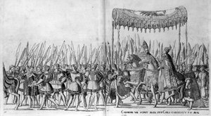 Pave Clemens VIIs og keiser Karl Vs inntog i Bologna 24. februar 1530, plate 27, ca. 1530 av Nicholas Hogenberg