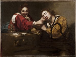 Fortune Taling Scene (Sleeper Awakened by a Young Woman), av Renieri, Niccolo (Nicolas Regnier) (ca. 1590-1667). olje på lerret av Nicholas Renieri