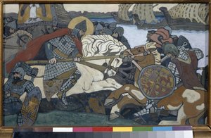 Alexander Nevsky (1220-1263) slår Birger Jarl (1210-1266) (eller Birger Magnusson av Bjalbo). Episode av slaget ved Neva (1240). Verk av Nicolas Roerich (1874-1947), gouache på papp av Nicholas Roerich