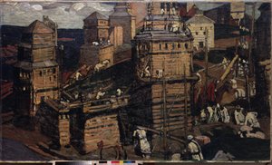 Bygge en by. (Bygge en by). (for et bygdesamfunn i Ukraina). Maleri av Nicholas Roerich (1874-1947), olje på lerret av Nicholas Roerich