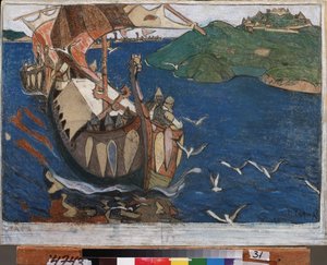 Oversjøiske besøkende. Varangianerne (eller Rus) i Russland. danske og svenske vikinger, som reiste gjennom hele elvesystemet i de østlige territoriene og bygde fort. Verk av Nicholas Roerich (1874-1947), tempera på papp av Nicholas Roerich