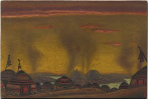 Polovtsian Camp, dekor for "Polovtsian Dances" fra Borodins opera "Prince Igor", 1943 av Nicholas Roerich