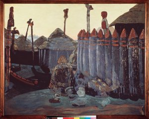 En hedensk haug. (Middelalderen, Ukraina). Verk av Nicolas (Nicholas) Roerich (1874-1947), tempera på papp av Nicholas Roerich