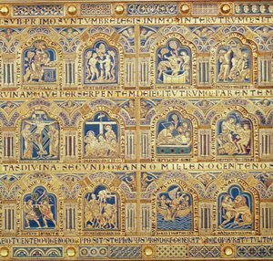 Verdun-alteret, detalj av dekorative paneler som viser bibelske scener, champleve-emaljeverk fra 1181