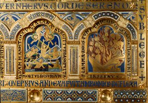 Verdun-alteret laget i gull og enamaille av Nicolas de Verdun (ca.1130/50-1205): scener fra Det gamle og nye testamente: detalj som viser de døde som forlater graven sin på den siste dommens dag og forbannelsene som brenner i flammene av helvete. 1100-tall