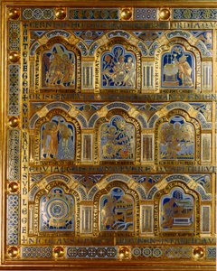 Verdun-alteret laget i gull og emalje av Nicholas av Verdun (ca. 1130/50-1205): scener fra Det gamle og nye testamente (krysser Rødehavet, kong Melkisedek), Kristi dåp, t.