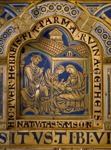 Verdun-alteret laget i gull og emalje av Nicolas de Verdun (ca.1130/50-1205): scener fra Det gamle og nye testamente: detaljer som representerer Samsons fødsel. Klosterneuburg Wien, Østerrike fra 1100-tallet - Verdun-alteret, emalje på forgylt kobber, av N
