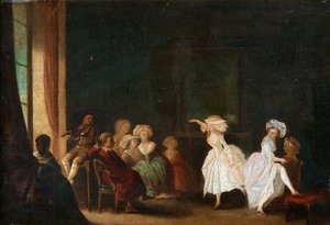 Danseskole av Niklas Lafrensen, kjent som Nicolas Lavreince eller Lavrince (1737-1807). Olje på tre, størrelse: 26,5x40, , Privat samling