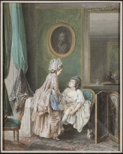Kvinne tar på seg strømper - Kvinne trekker i strømpen, av Lafrensen, Niclas (Nicolas Lavreince) (1737-1807). Gouache på papir