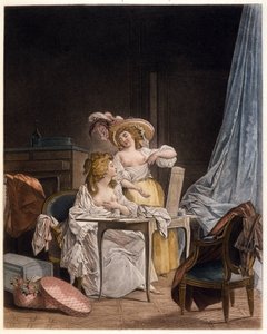 Sammenligningen. To kvinner sammenligner størrelsen på brystet. Gravering av Nicolas Lavreince (1737-1807), rundt 1782.
