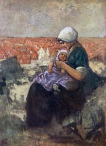Mor og barn av Scheveningen (farge litho) av Nico Jungman