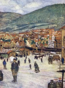 Norge: Bergen (farge litho) av Nico Jungman