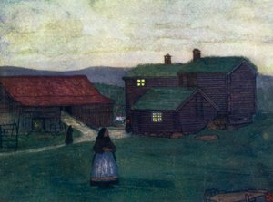 Norge: Gårdshus bygget av polakker (farge litho) av Nico Jungman