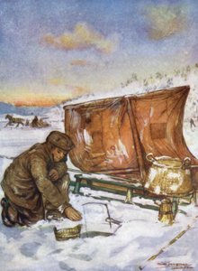 Norge: Fiske gjennom isen på Christianiafjorden (farge litho) av Nico Jungman
