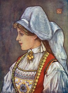 Norge: Hardanger Hodeplagg (farge litho) av Nico Jungman