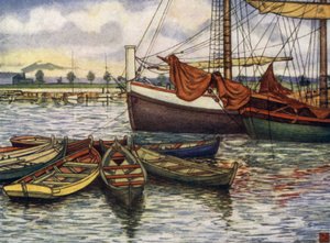 Norge: Trondhjem, Gamle båter (farge litho) av Nico Jungman