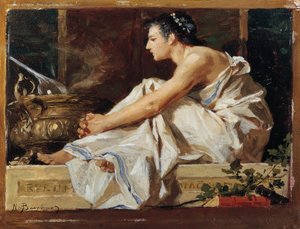 Studie for geografi, av Nicolo Barabino (1832-1891), olje på panel