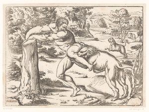 Milo av Croton angrepet av en løve av Nicolò Boldrini (attributed to)