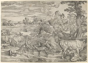 Landskap med en melkepike til høyre og en gutt til venstre, ca. 1535-40., ca. 1535-40.