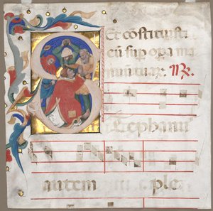 Fragment of an Antiphonary with Historiated Initial (S): The Steining of St. Stephen av Nicolò da Bologna