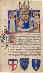 Madonna og barn på tronen mellom de hellige Petronius og Alle (Eligius); Kristus i innledende A av Nicolò da Bologna