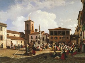 Benevento (Campania-regionen), Orsini-plassen med katedralens klokketårn og fontenen dedikert til pave Orsini (olje på lerret) av Nicola Palizzi