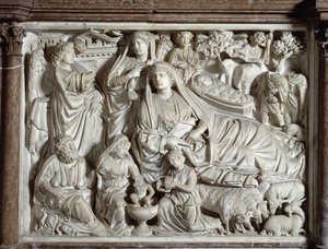 Bebudelses- og fødselsstol realisert av Nicola Pisano (1215 / 20-1278 / 84) (Marmorprekestol) 1260 Baptistere Saint John of Pisa (Battistero San Giovanni di Pisa), Italia