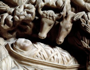Kunst og gotisk arkitektur: nativitten - Detalj av basrelieffene av marmorpulten som Nicola Pisano (1215/20-1278/84) laget mellom 1266 og 1268 (Marmorprekestoldetaljer, fødsel) Cathedrale Notre-Dame-de-l 