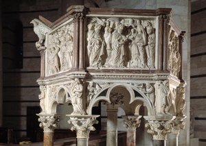 Stol realisert av Nicola Pisano (1215 / 20-1278 / 84) (Marmorprekestol) 1260 Baptistere Saint John of Pisa (Battistero San Giovanni di Pisa), Italia