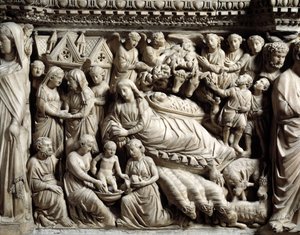 Gotisk kunst og arkitektur: Visitation and Nativity - Detalj av basrelieffene av marmorpulten som Nicola Pisano (1215/20-1278/84) laget mellom 1266 og 1268 (marmorprekestoldetaljer, besøk og fødsel) Cathedrale Notre-Dame- de-l