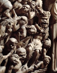 Gotisk kunst: detalj av relieffer som representerer helvete i den siste dommen, marmorprekestol av Nicola Pisano