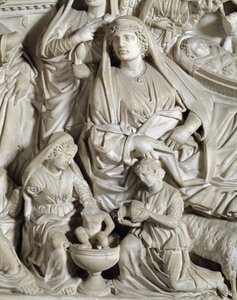 La nativite (nativity) Detaljstol realisert av Nicola Pisano (1215 / 20-1278 / 84) (Marmorprekestol) 1260 Baptistere Saint John of Pisa (Battistero san Giovanni di Pisa), Italia