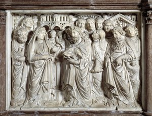 Presentasjon av Jesus til templet (Presentasjon av Jesus til templet) Stol realisert av Nicola Pisano (1215/20-1278/84) (Marmorprekestol) 1260 Baptistere Saint John of Pisa (Battistero san Giovanni di Pisa), Italia