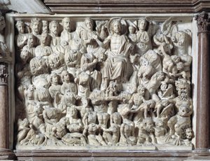 The Last Judgment (Last Judgment) Stol laget av Nicola Pisano (1215/20-1278/84) (Marmorprekestol) 1260 Baptistere Saint John of Pisa (Battistero san Giovanni di Pisa), Italia