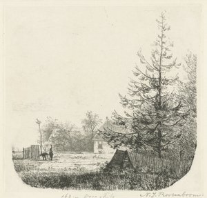 Trefylt landskap med et storkereir av Nicolaas Johannes Roosenboom