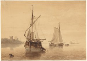 Elvelandskap med noen skip av Nicolaas Johannes Roosenboom