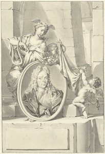 Putti og en kvinne nær en medaljong med portrettet av Arnold Houbraken av Nicolaas Verkolje