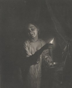 Ung kvinne som holder et stearinlys i et sengekammer, 1690-1715., 1690-1715. av Nicolaas Verkolje