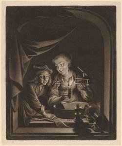 Hushjelp med musefelle av Nicolaas Verkolje after Gerrit Dou