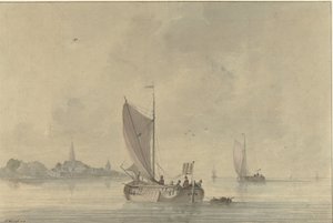 Seillektere på vannet foran en nederlandsk by