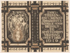 Omslagsdesign for: Rapport fra Dagteeken- en Kunstambachtschool for Girls i Amsterdam om året 1919 av Nicolaas van de Vecht