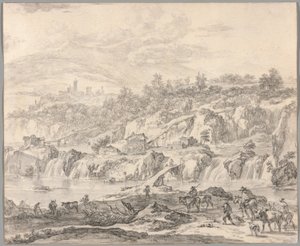 Landskap med fossefall og broer, bønder i forgrunnen av Nicolaes Berchem