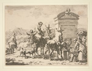 Uten tittel - Sjangerscene med mennesker på esler og en gravstein av Nicolaes Berchem
