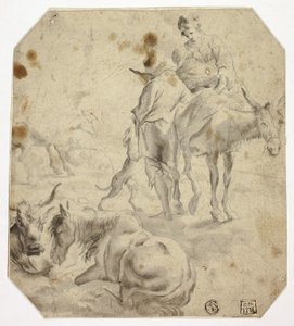 Kvinne og barn på esel, mann, hunder, hester av Nicolaes Berchem