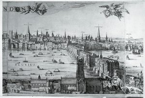 Storbritannia, England, utsikt over London City med London Bridge av Nicolaes Jansz (1586 1652) Visscher