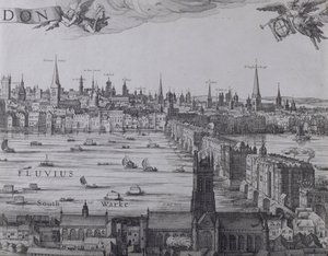 Panorama over London og Themsen, del tre som viser Southwark, London Bridge og kirkene i byen, ca. 1600 (se også 7214, 64730 og 64732)