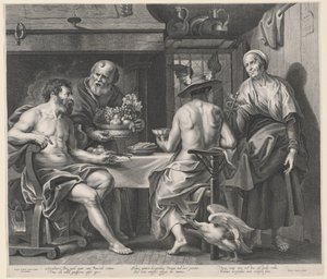 Jupiter og Merkur underholdt av Philemon og Baucis av Nicolaes Lauwers, after Jacob Jordaens