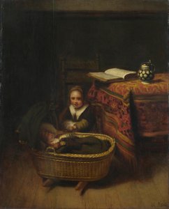 En liten jente som rocker en vugge, c. 1655.