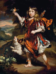 Portrett av en gutt, som Daifilo, i en rød surcoat over en sølvkåpe, med en oransje kappe, en fugl hvilende på høyre hånd, hunden ved siden av seg, i et landskap av Nicolaes Maes