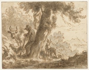 Hyrde og storfeet hans ved et tre av Nicolaes Pietersz Berchem (possibly)